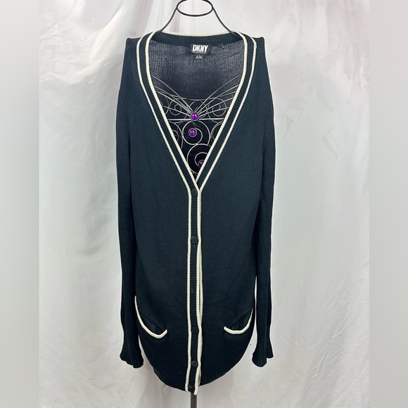 Vintage DKNY black ribbed longline button down cardigan size L - Picture 1 of 7